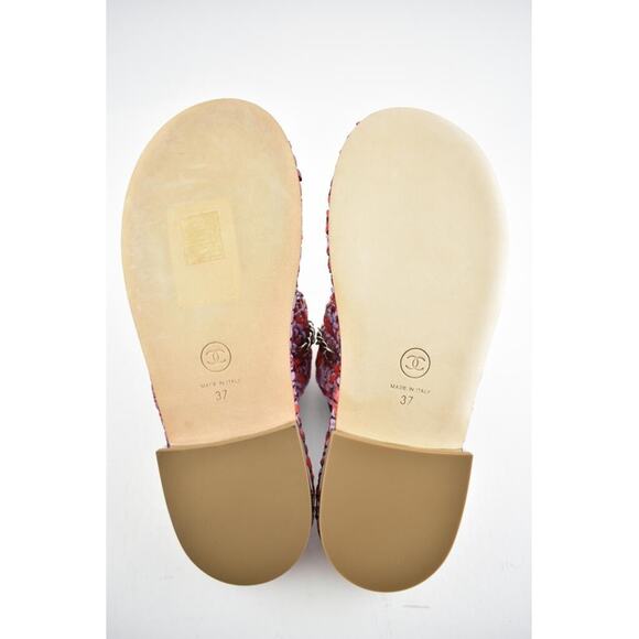 Chanel 20S Red Purple Raffia Tweed CC Chain Logo Mule Slide Strap Flat Sandal 37 - Picture 12 of 12